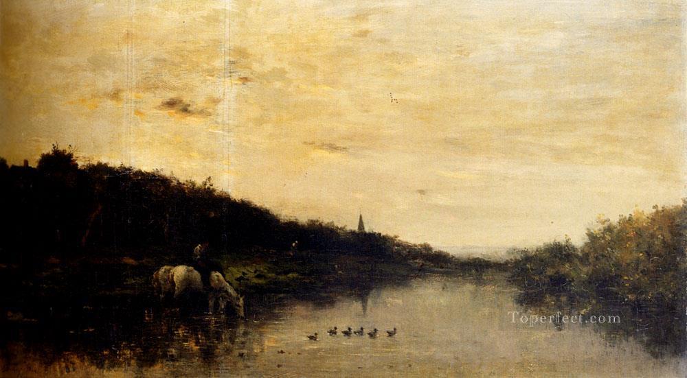 Chevaux Au Bord De L Oise Barbizon Impresionismo paisaje Charles Francois Daubigny arroyo Pintura al óleo